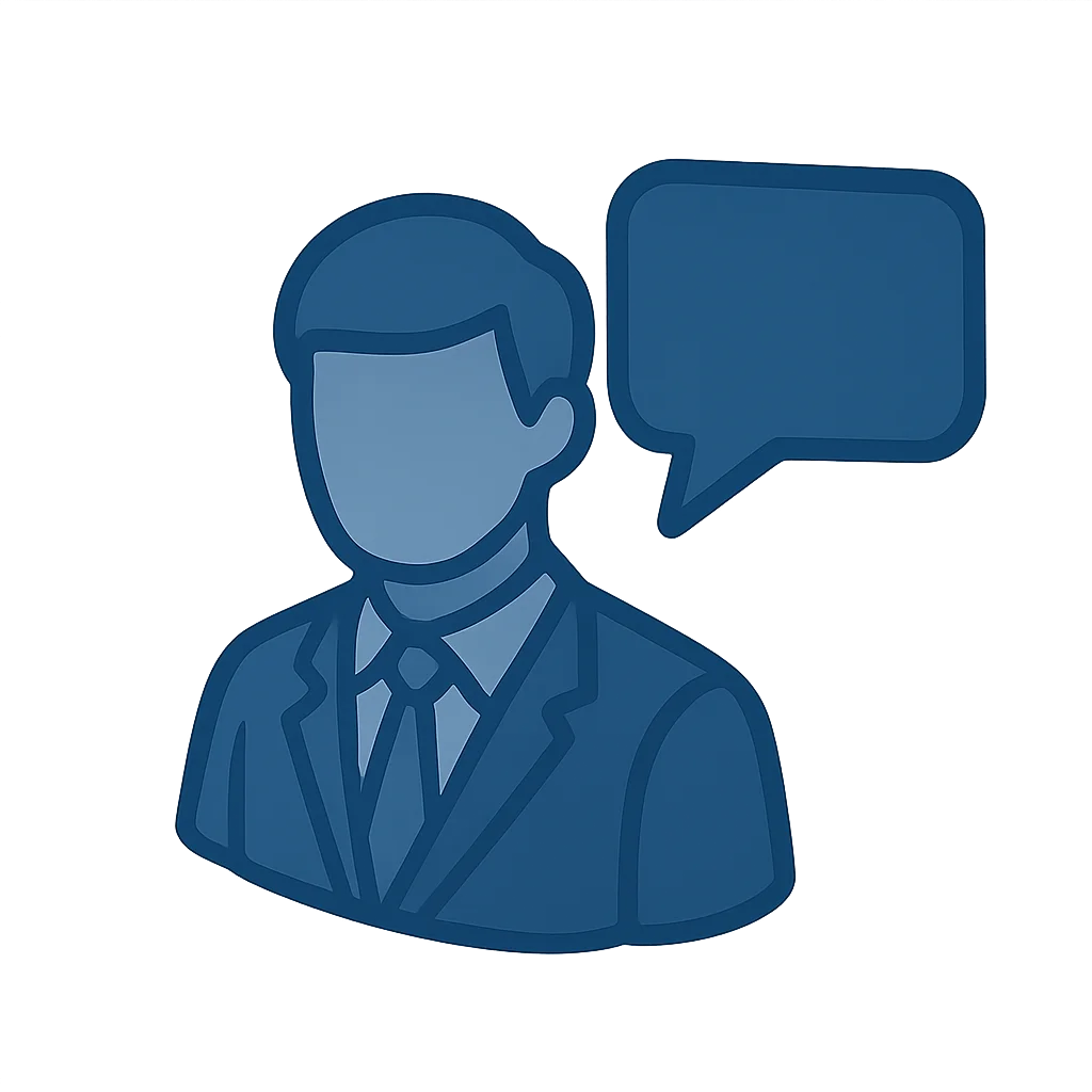 Illustratie van een persoon in pak met een spraakballon, symbool voor communicatie, advies of begeleiding.
