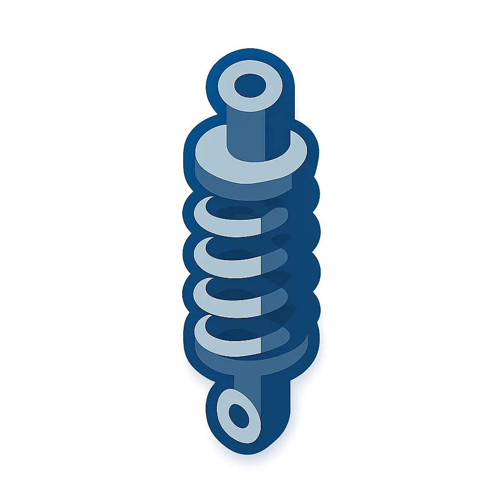 Illustratie van een blauwe schokdemper met spiraalveer, symbool voor vering of demping bij voertuigen.