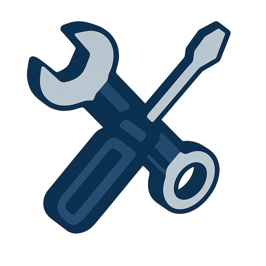Pictogram van een kruissleutel en schroevendraaier die gekruist staan, symbool voor gereedschap of instellingen.